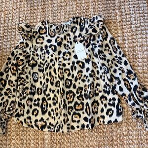 English Factory Cream Black and Tan Leopard Print Ruffle Blouse SZ Small NWT
